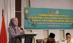 Bupati Luwu Utara, Indah Putri Indriani saat menyampaikan sambutan sesaat sebelum melepas kafilah STQH XXIII ke Kabupaten Selayar