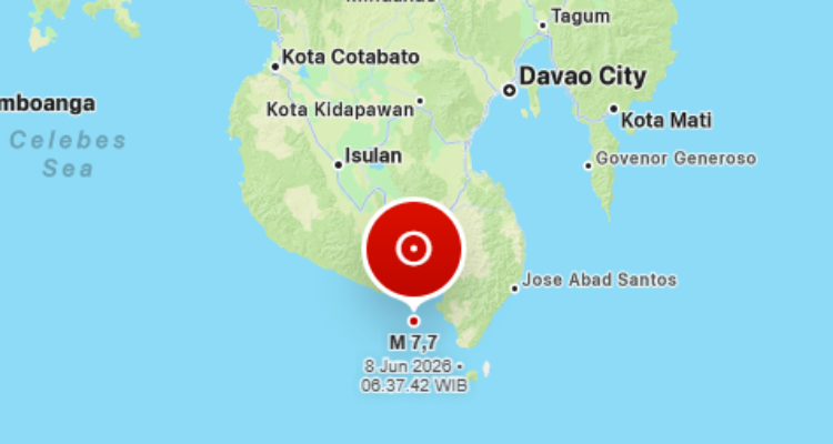 Informasi BMKG Peringatan Dini Tsunami untuk wilayah: GORONTALO, KALTIM, MALUT, SULTENG, SULUT, Gempa Mag:7.7, 08-Jun-26 06:37:42 WIB, Lok:5.69 LU, 125.05 BT (236 km BaratLaut TAHUNA-KEP.SANGIHE-SULUT) , Kedlmn:105 Km ::BMKG