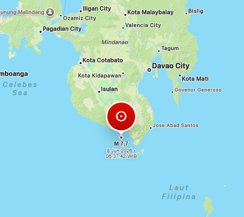 Informasi BMKG Peringatan Dini Tsunami untuk wilayah: GORONTALO, KALTIM, MALUT, SULTENG, SULUT, Gempa Mag:7.7, 08-Jun-26 06:37:42 WIB, Lok:5.69 LU, 125.05 BT (236 km BaratLaut TAHUNA-KEP.SANGIHE-SULUT) , Kedlmn:105 Km ::BMKG